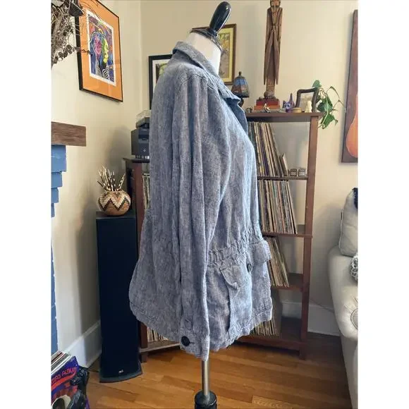 Land's End Women’s L 100% Linen Button Down Jacket Blue Indigo Pockets Boho - Picture 3 of 10